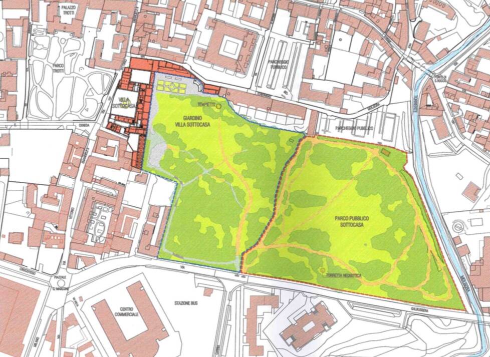 La mappa del parco di Villa Sottocasa, compresa la metà chiusa del Giardino separata dal muro