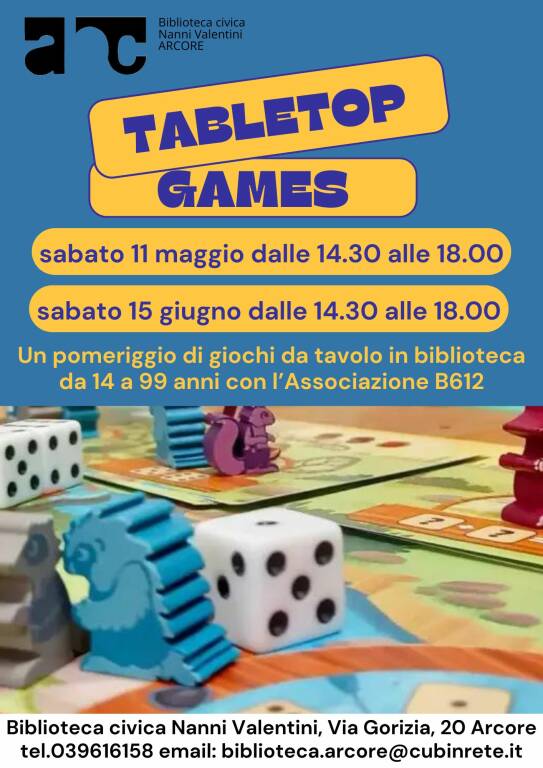 Tabletop Games, un pomeriggio in biblioteca  di giochi da tavolo da 14 a 99 anni con l\' Associazione B-612